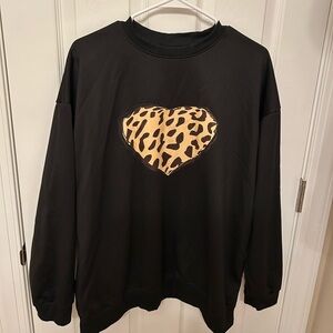 Black Sweatshirt with Leopard Heart worn twice, Size 2X Women's